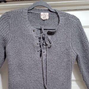 Hippie Rose Women's Gray Lace-Up Bodice Cable Knit Sweater Size L